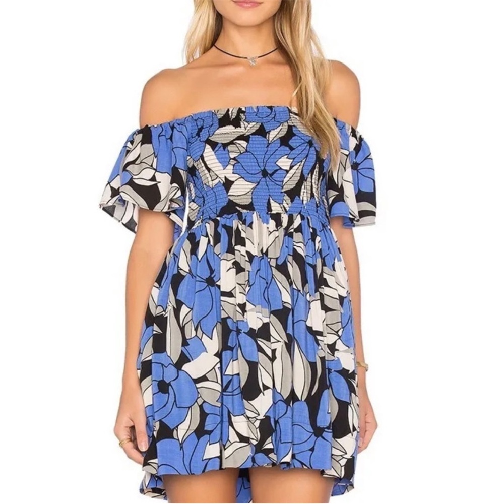 Free People Louise Printed Smocked Off the Shoulder blue floral Mini Dress
